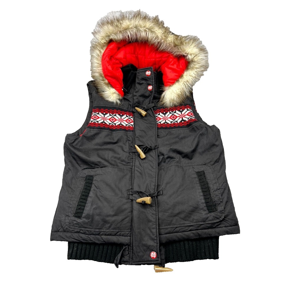Cruel Vest Womens Black Logo Fair Isle Ribbed Snap Front Faux Fur Hooded Hiking